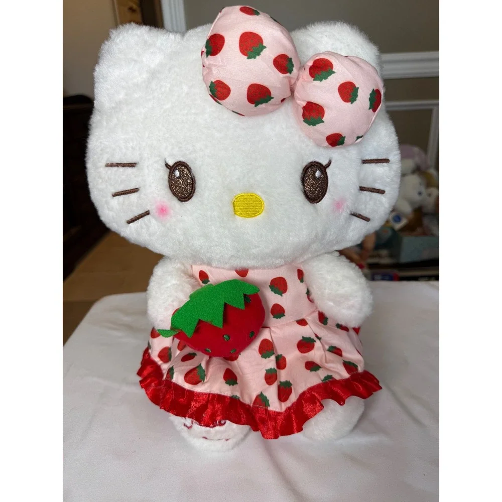 Sanrio Hello Kitty Strawberry Dress Plush Doll Sparkle Eyes 13 Inch White Pink